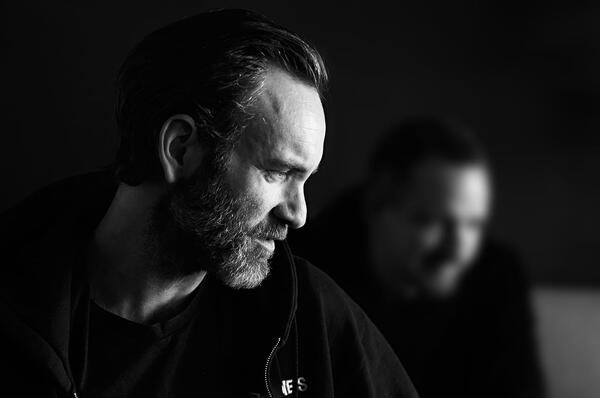 black and white image of two man